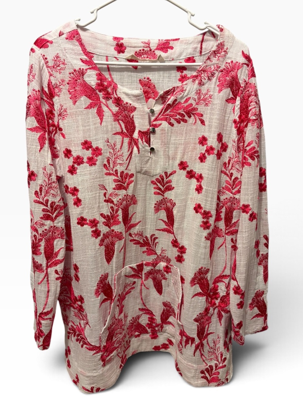 Soft Surroundings XL pink embroidered white cotton tunic pullover